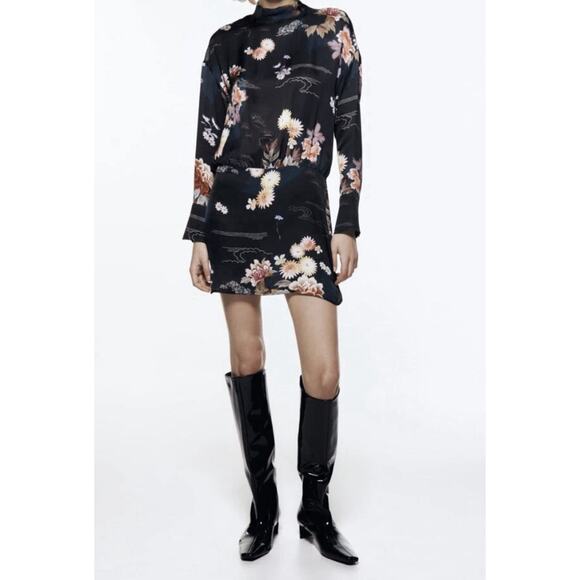Zara Dress XL Black, The Camila Floral Satin Mini High Mock Neck Long Sleeve - Picture 4 of 9